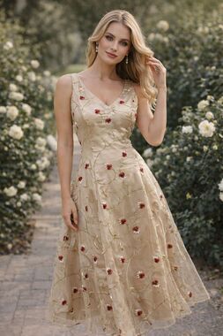 Custom Gold Satin Organza Rose Embroidered Dress 10 Midi Holiday Wedding M L